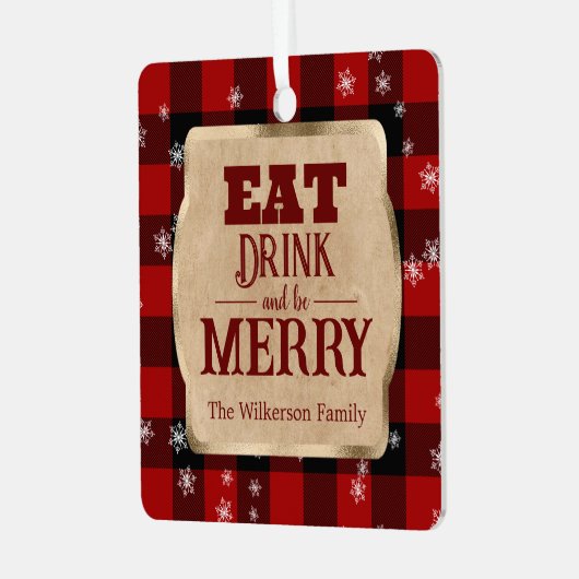 Eet Drink en wees vrolijk rustiek rood geruite ker Metalen Ornament (Voorkant links)