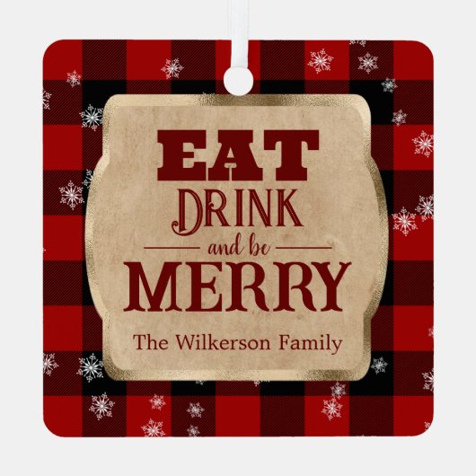 Eet Drink en wees vrolijk rustiek rood geruite ker Metalen Ornament (Achterkant)