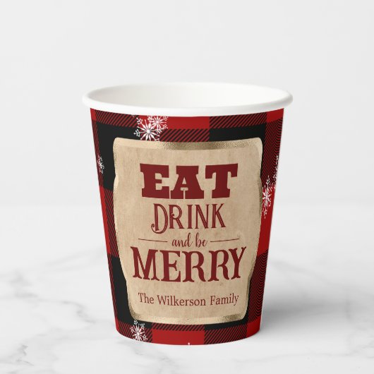 Eet Drink en wees vrolijk rustiek rood geruite ker Papieren Bekers (Achterkant)