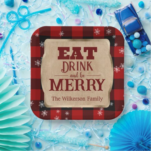 Eet Drink en wees vrolijk rustiek rood geruite ker Papieren Bordje (Feest)