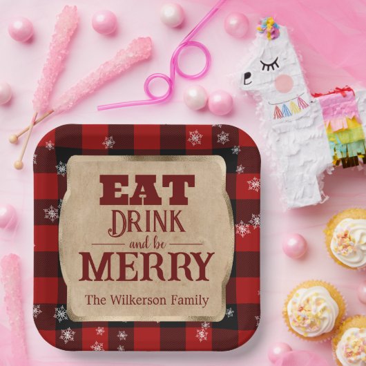 Eet Drink en wees vrolijk rustiek rood geruite ker Papieren Bordje (Feest)