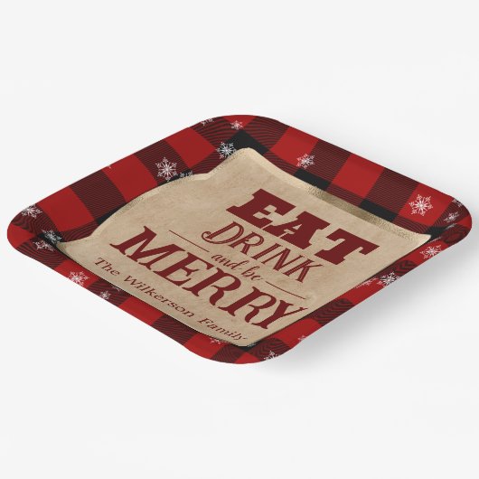 Eet Drink en wees vrolijk rustiek rood geruite ker Papieren Bordje (Gebogen)