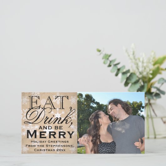 Eet, Drink en wees vrolijk sneeuwvlok vakantie Feestdagenkaart (Staand voorkant)