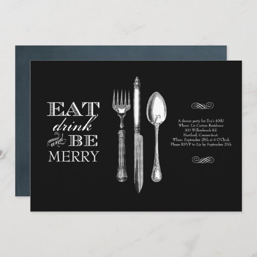 Eet, drink en wees vrolijk | Uitnodiging op zwart (Voorkant / Achterkant)