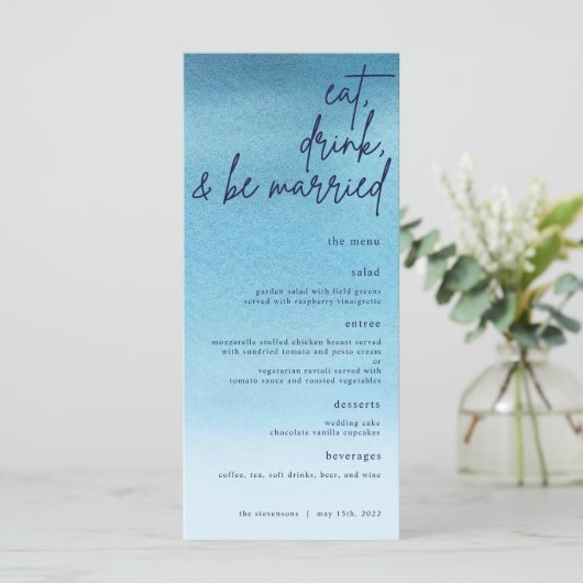 Eet, Drink en word huwelijksblauwe Waterverf bruil Menu (Staand voorkant)