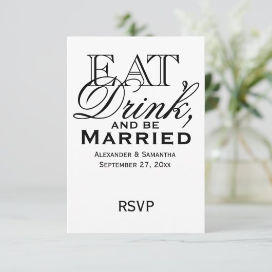 Eet, Drink en word huwelijkshuwelijk RSVP Kaartje (Staand voorkant)