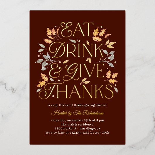 Eet Drink Geef Bedankt Folie Thanksgiving Folie Feestdagenkaart (Voorkant)