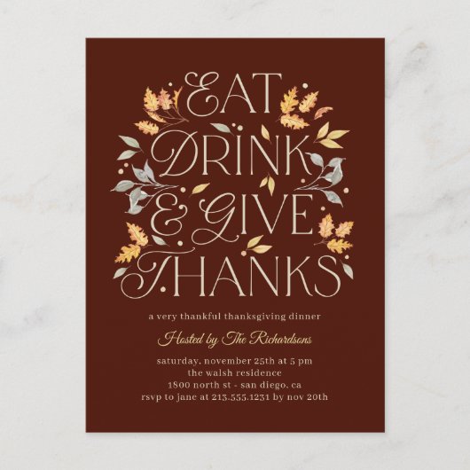 Eet Drink Geef Bedankt Thanksgiving Dinner Party Briefkaart (Voorkant)