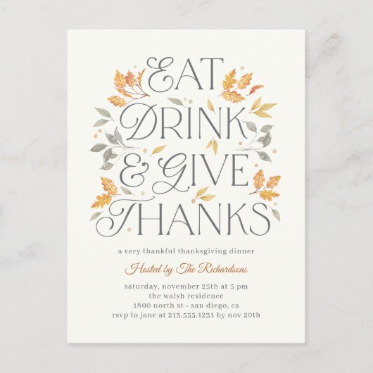 Eet Drink Geef Dank Thanksgiving Dinerfeest Briefkaart (Voorkant)