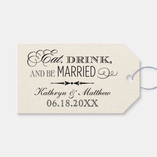 Eet Drink Getrouwd Zwart Ivoor Monogram Bruiloftsg Cadeaulabel (Voorkant (Horizontaal))