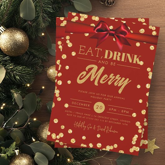 Eet Drink Gold Red Glitter Vakantie Xmas Bow Kaart