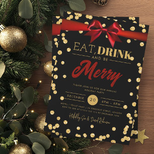 Eet Drink Goud Zwart Glitter Vakantie Xmas Bow Kaart