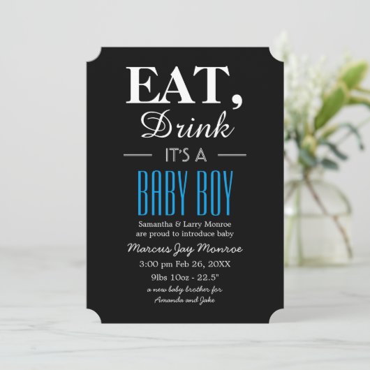 Eet, Drink Het is een jongen, baby aankondiging (Staand voorkant)