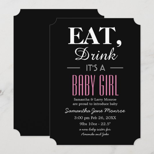 Eet, Drink Het is een meisje, baby aankondiging (Voorkant / Achterkant)
