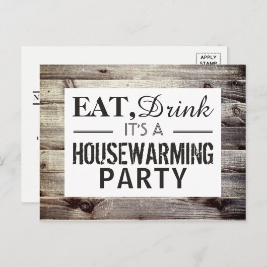Eet, Drink Housewarming Party Rustic Wood Invite Uitnodiging Briefkaart (Voorkant / Achterkant)