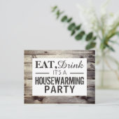 Eet, Drink Housewarming Party Rustic Wood Invite Uitnodiging Briefkaart (Staand voorkant)