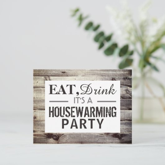 Eet, Drink Housewarming Party Rustic Wood Invite Uitnodiging Briefkaart (Staand voorkant)