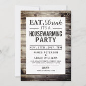 Eet, Drink Housewarming Party Rustisch Hout Kaart (Voorkant)