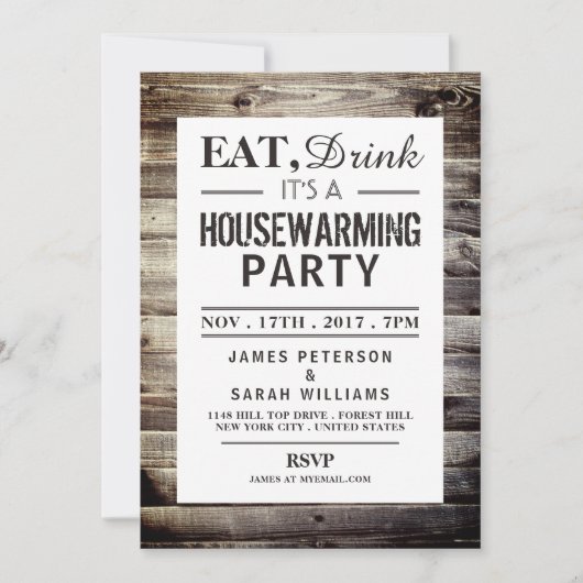 Eet, Drink Housewarming Party Rustisch Hout Kaart (Voorkant)