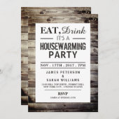 Eet, Drink Housewarming Party Rustisch Hout Kaart (Voorkant / Achterkant)