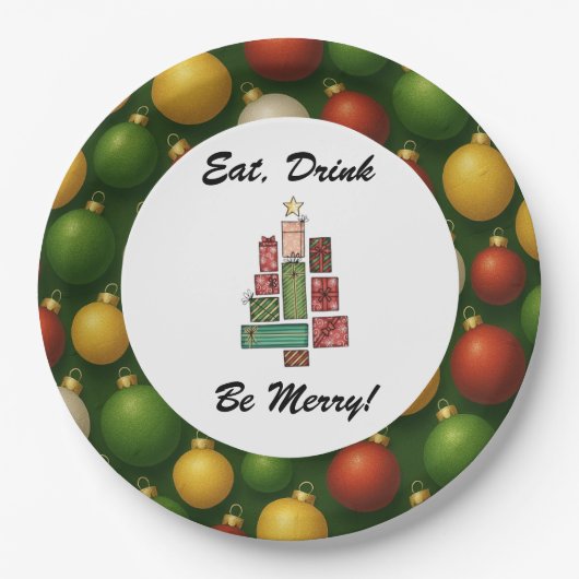 Eet, Drink, Kerstmis Vier Ronde Papieren Bord | (Voorkant)