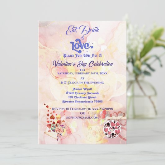 Eet Drink & Liefde Hart Valentijnsdag Celebration Kaart (Staand voorkant)