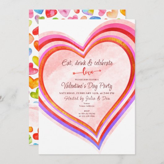 Eet Drink & Liefde Harten Waterverf Valentijn Part Kaart (Voorkant / Achterkant)