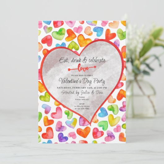 Eet Drink & Liefde Waterverf Harten Valentijn Part Kaart (Staand voorkant)