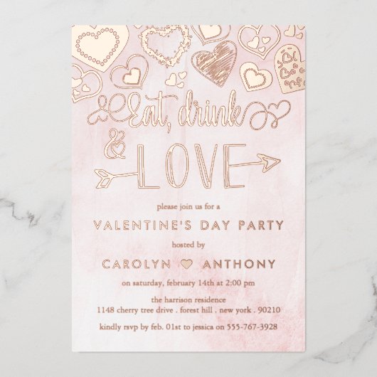 Eet, Drink & Love Valentijnsdag Party Real Folie Uitnodiging (Voorkant)