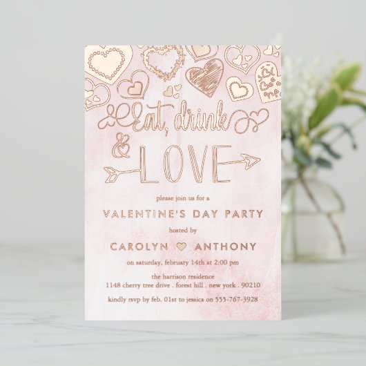 Eet, Drink & Love Valentijnsdag Party Real Folie Uitnodiging (Staand Voorkant)