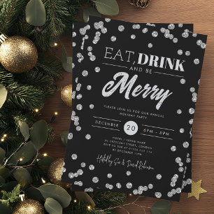 Eet Drink Merry Silver Black Glitter Holiday Xmas Kaart