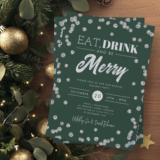 Eet Drink Merry Silver Green Glitter Vakantie Kaart