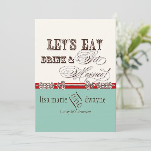 Eet, Drink n Get Married Couples Douche Uitnodigin Kaart (Staand voorkant)