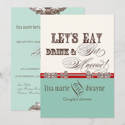 Eet, Drink n Get Married Couples Douche Uitnodigin Kaart (Voorkant / Achterkant)