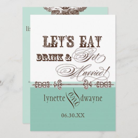 Eet, Drink n Getrouwd bruidsbruiloft uitnodiging (Voorkant / Achterkant)