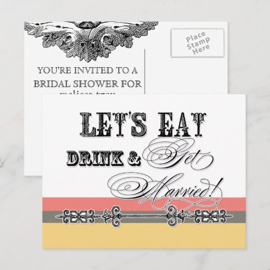 Eet, Drink n Trouw, bruidsdouche uitnodiging Briefkaart (Voorkant / Achterkant)