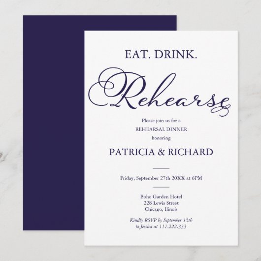Eet Drink Oefen Elegant Script Proefbruiloft Diner Kaart (Voorkant / Achterkant)