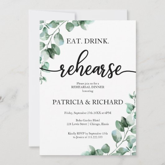 Eet Drink Rehearse Greenery repetitie diner Kaart (Voorkant)