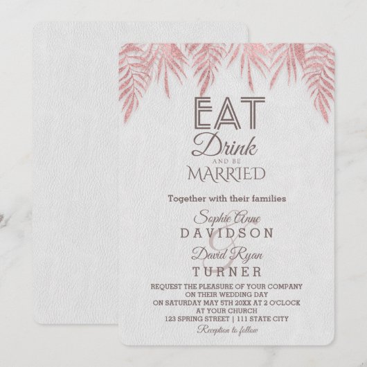 Eet Drink Roos Gold Palm Leaves Wedding Kaart (Voorkant / Achterkant)
