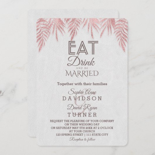 Eet Drink Roze Gouden Palmbladeren Bruiloft Kaart (Voorkant / Achterkant)