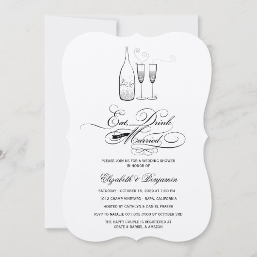 Eet Drink & Trouw Zilveren Champagne Bruiloft Kaart (Voorkant)