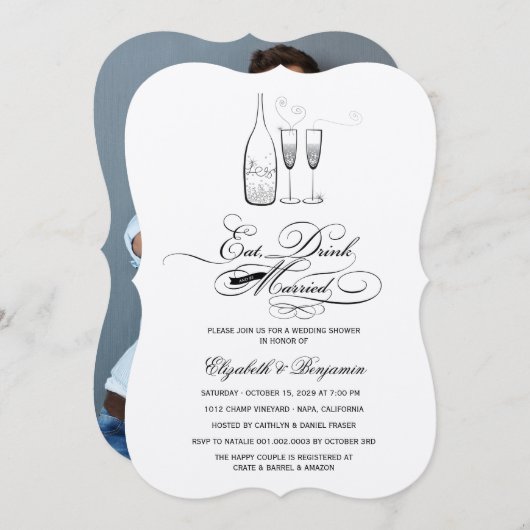 Eet Drink & Trouw Zilveren Champagne Bruiloft Kaart (Voorkant / Achterkant)