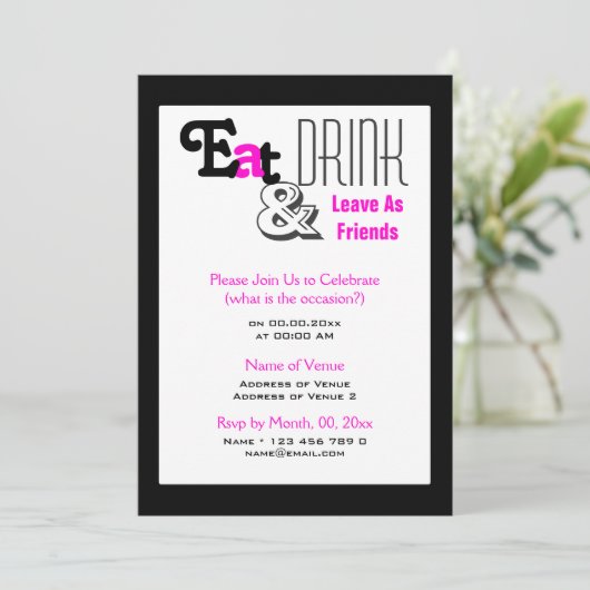 Eet, drink "vertrek als vrienden" roze zwart kaart (Staand voorkant)