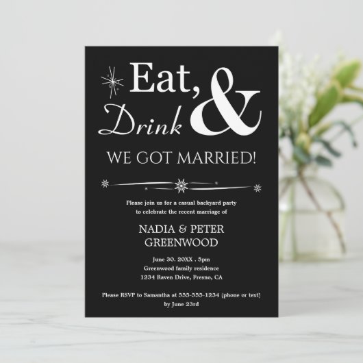 Eet Drink We zijn getrouwd Foto Elopement Party Kaart (Staand voorkant)