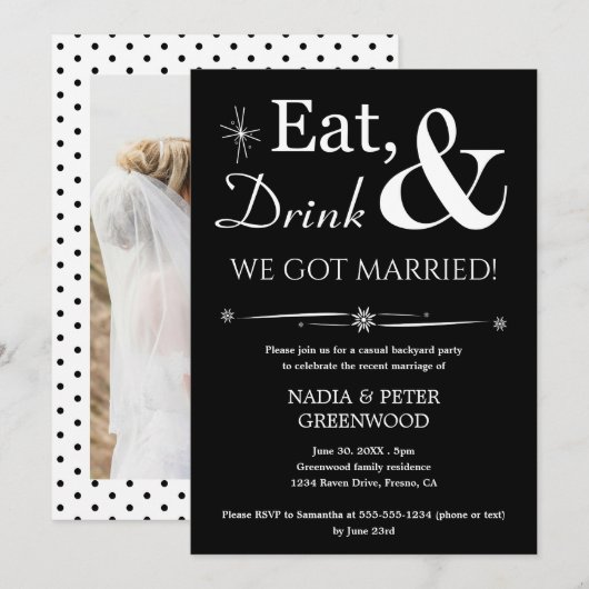 Eet Drink We zijn getrouwd Foto Elopement Party Kaart (Voorkant / Achterkant)