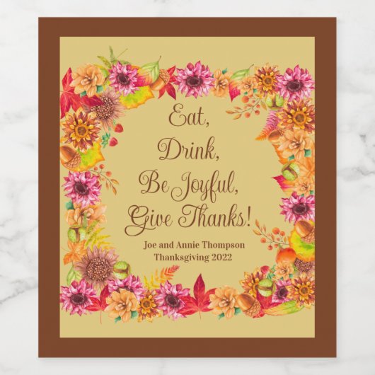 Eet Drink Wees Blij Geef Dank Valen Dankdag Wijn Etiket (Enkel label)