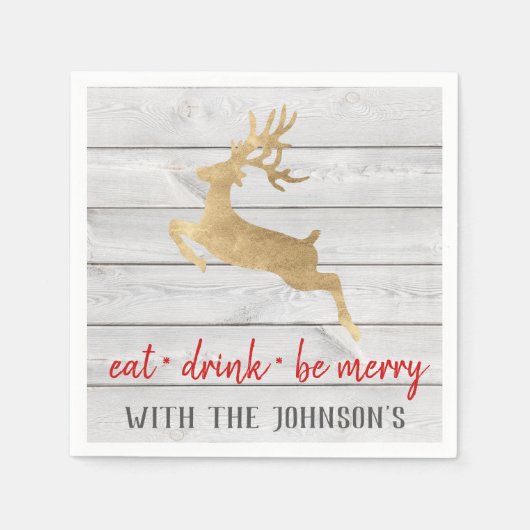Eet Drink Wees Blij Rood Goud Wit Hout Rendier Servet (Voorkant)