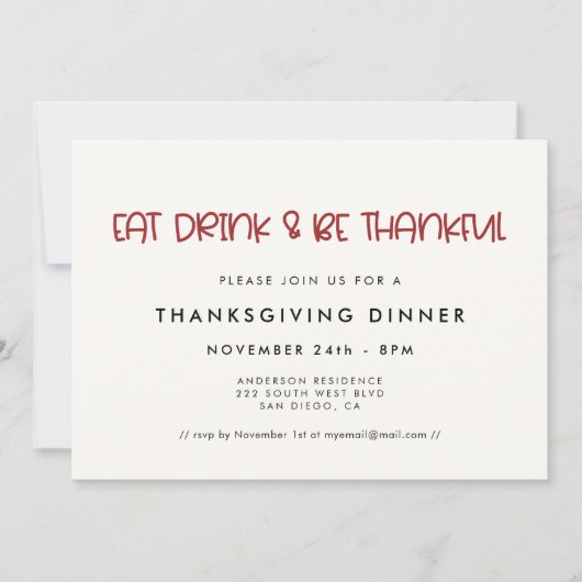 Eet Drink & Wees dankbaar Leuk Thanksgiving diner Kaart (Voorkant)