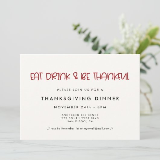 Eet Drink & Wees dankbaar Leuk Thanksgiving diner Kaart (Staand voorkant)
