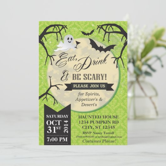 Eet, Drink & Wees eng Halloween Invite - Groen Kaart (Staand voorkant)